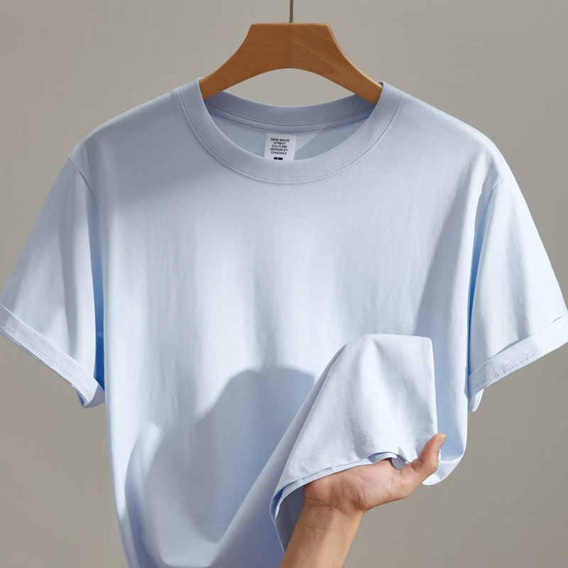 Milk Blue Liquid Ammonia Ice Silk Cotton 7A Antibacterial Short-Sleeved T-Shirt for Men, Summer Round Neck Solid Color, Cool and Wrinkle-Resistant, Regular Shoulder Pure Cotton