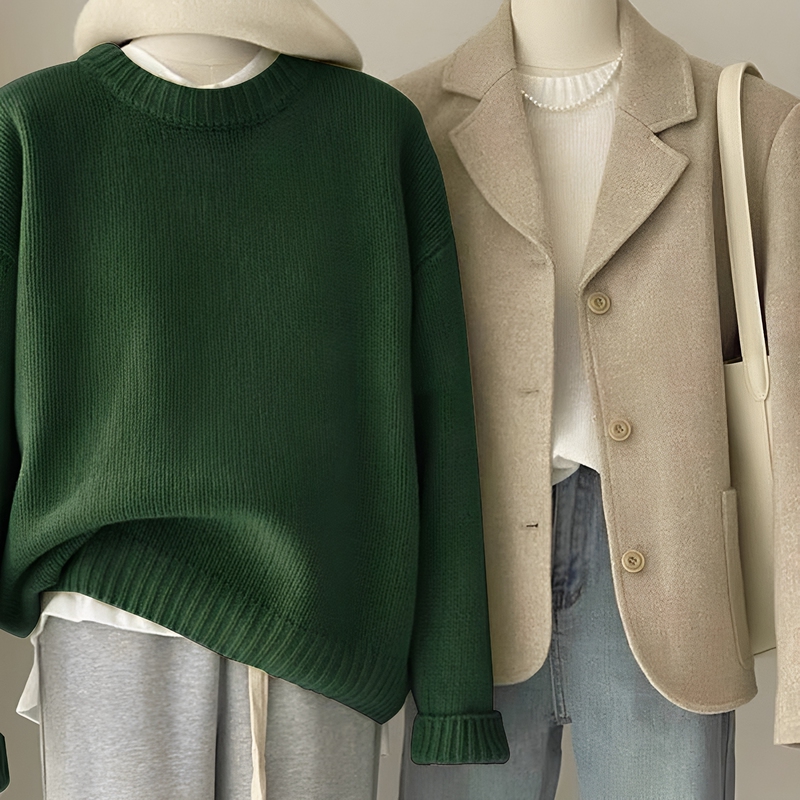 Japanese Retro Dark Green Sweater for Women, Thickened for Autumn and Winter, Loose and Lazy Style, Round Neck, Base Layer Knitwear 2026