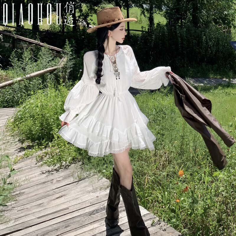 Bohemian Short Skirt for Women, Suitable for Traveling and Taking Photos in the Sichuan Grassland, Long-Sleeved White Dress with Exotic Style, White Fairy-Like Dress Bohemian Short Skirt for Women, Suitable for Traveling and Taking Photos in the Sichuan Grassland, Long-Sleeved White Dress with Exotic Style, White Fairy-Like Dress