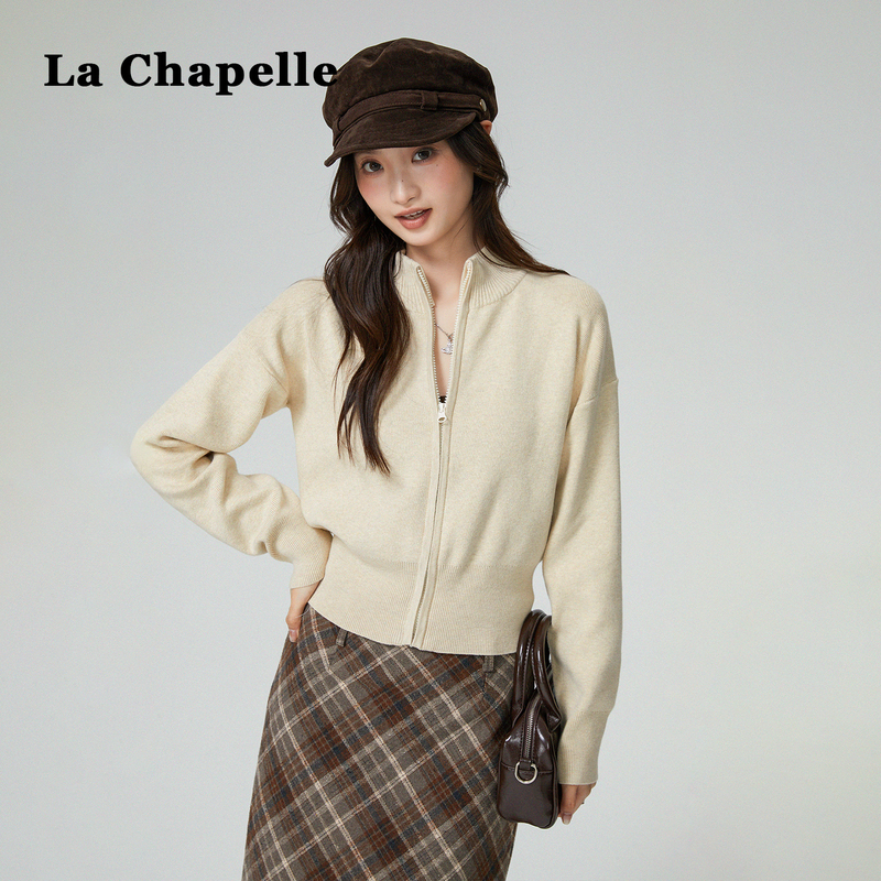 La Chapelle Korean-Style High-End Stand-Up Collar Long-Sleeve Knitted Cardigan Jacket for Women, Autumn and Winter Waist-Cinching Slim-Fit Short Top