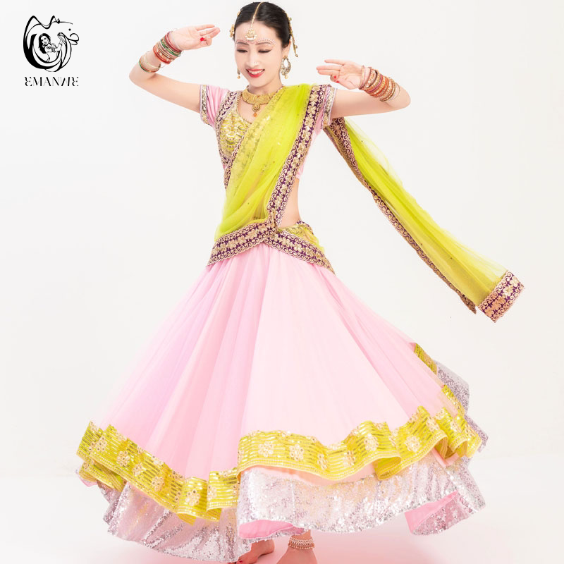 Iman Indian Dance Performance Costume, Double-Layered Large Hem Embroidered Anna Saree Dress, Annual Party Stage Outfit for Women