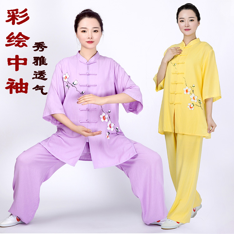 Macro-Love Printed Tai Chi Clothing Woman Short Sleeve Summer Cotton Hemp Breathable Morning practice Gongfu Martial Arts Extreme Boxing