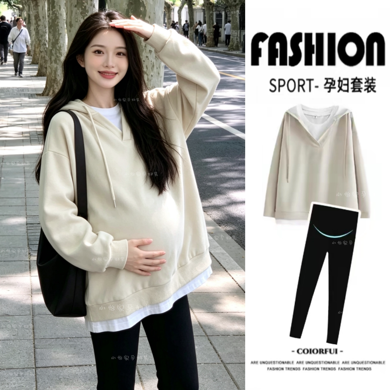 Maternity Suit Spring and Autumn 2026 New Korean Style Loose Fit Pregnancy Outfit Fake Two-Piece Hooded Sweatshirt and Pants Two-Piece Set Maternity Suit Spring and Autumn 2026 New Korean Style Loose Fit Pregnancy Outfit Fake Two-Piece Hooded Sweatshirt and Pants Two-Piece Set