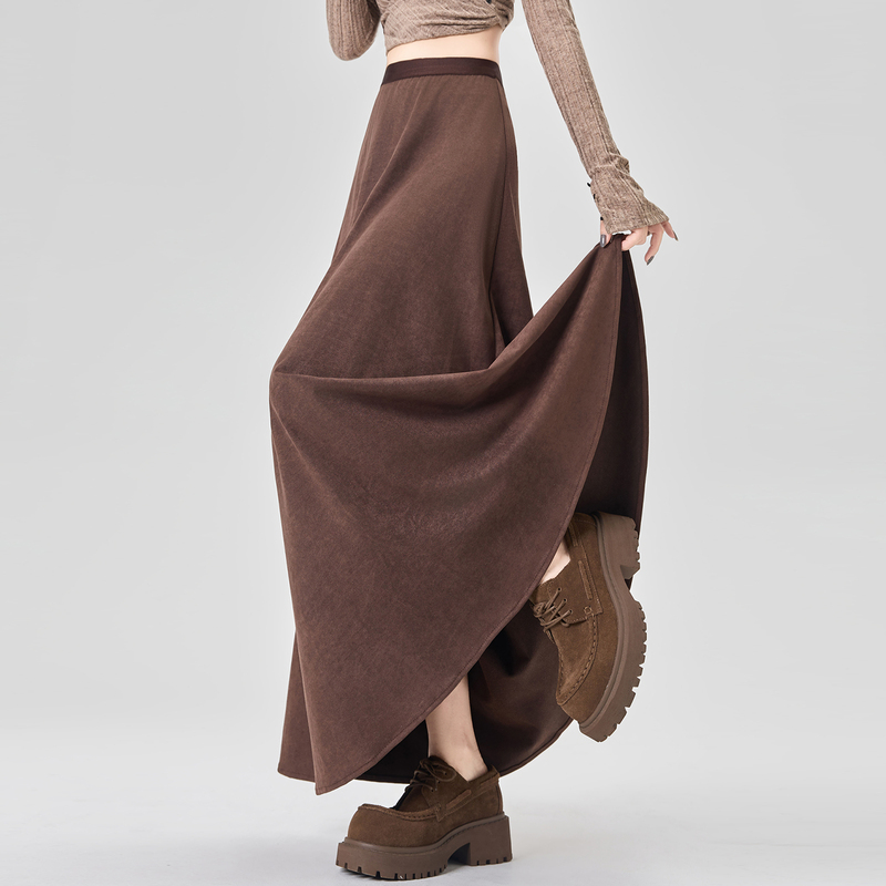 Maillard Brown Suede Long Skirt for Women, New Autumn and Winter Style, Ankle-Length, Drapey, Wide Hem, Umbrella Skirt