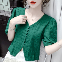 V collar bubble sleeve shirt female summer 2021 new beautiful chic shirt French niche design sense short sleeve top
