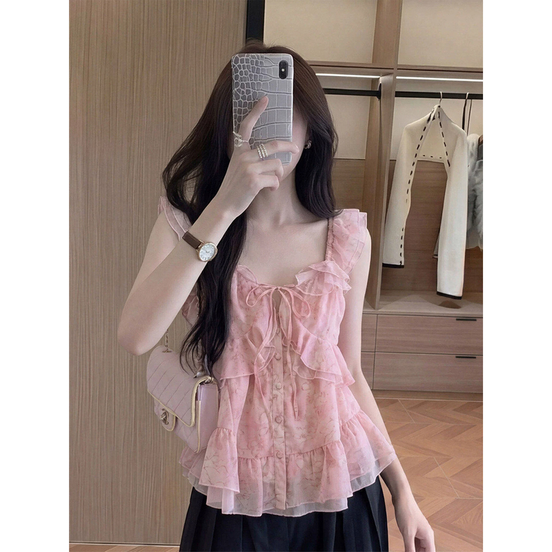 2026 Summer Sweet Style Pink Puff Sleeve Floral Top for Women Slim Fit Waist-Cinching Ruffled Age-Reducing Lace Vest