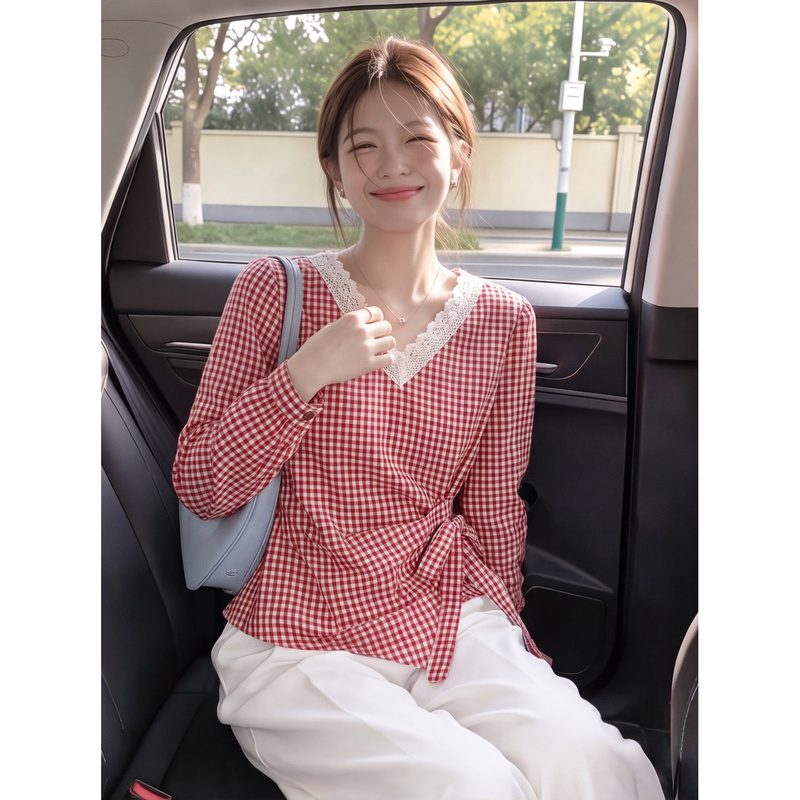 Red Retro Plaid Lace V Neck Long-Sleeved Shirt for Women, Autumn Design, Side Tie, Work Clothing Style Shirt
