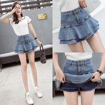 Spring and summer fishtail denim skirt skirt women French high waist cake skirt pleated A- line dress pants hip skirt