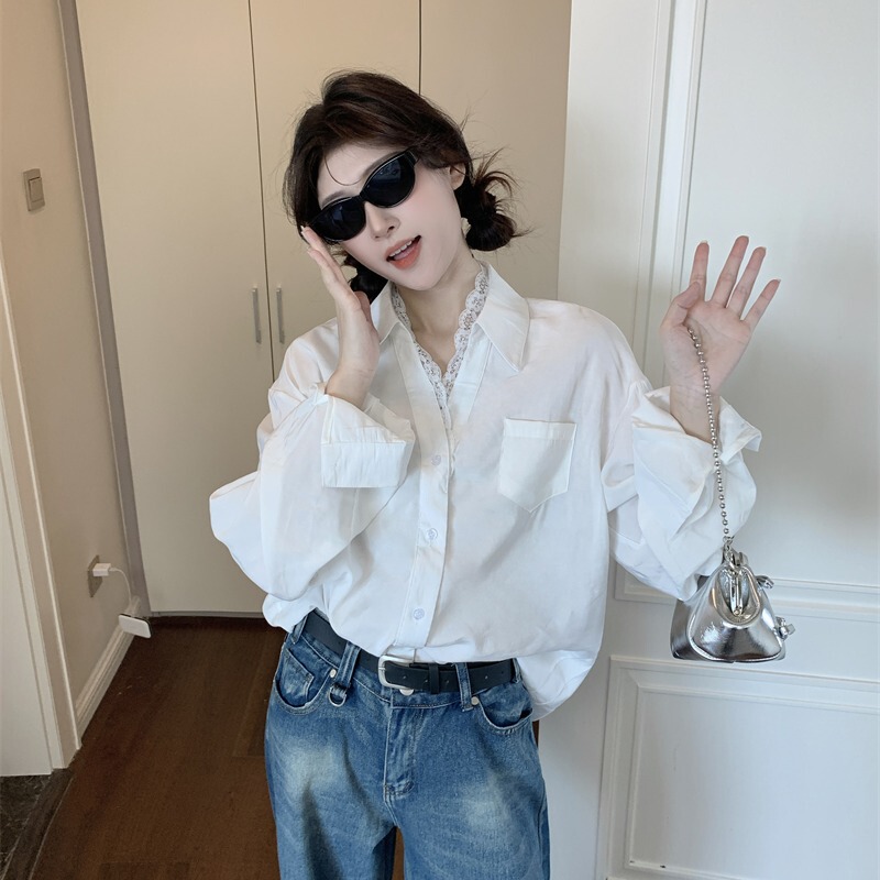 Designed Lace-Trimmed White Shirt for Women, Spring Loose Casual Shirt, Unique French Long-Sleeved Top