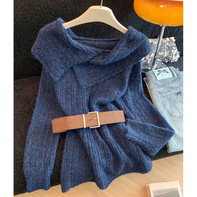 Navy Blue Melard Off-Shoulder Belted Top for Women, Autumn and Winter Outerwear, Lazy Design, Lapel Sweater, Knitwear