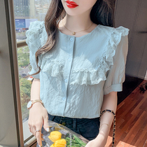 Fashion sweet lace ruffled chiffon shirt female summer thin short sleeve 2021 new foreign style chic top