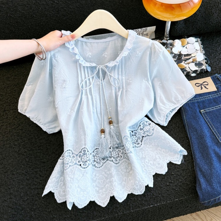 Super Pretty and Stylish Tassel Lace-Up Blouse for Women, Summer Thin Chic Lace-Trimmed Shirt, Bohemian Top