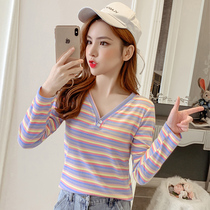 Rainbow Stripe T-shirt Womens 2021 Spring and Autumn New Tide Korean Student Joker V-neck Slim Long Sleeve Short Top