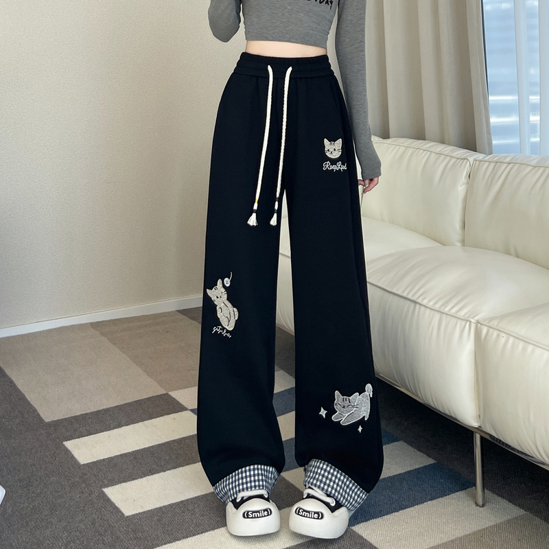 Cartoon Cat Print Straight-Leg Sweatpants for Women, Spring Casual High-Waisted Drapey American-Style Sports Wide-Leg Pants