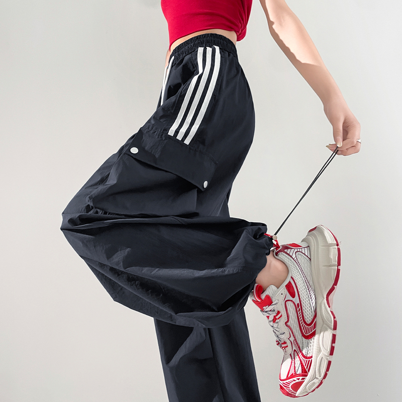 Striped Patchwork Color-Block Quick-Dry Jogger Cargo Pants for Women, Summer, Super Stylish Navy Blue Ice Silk Sports Pants, Street Dance Pants