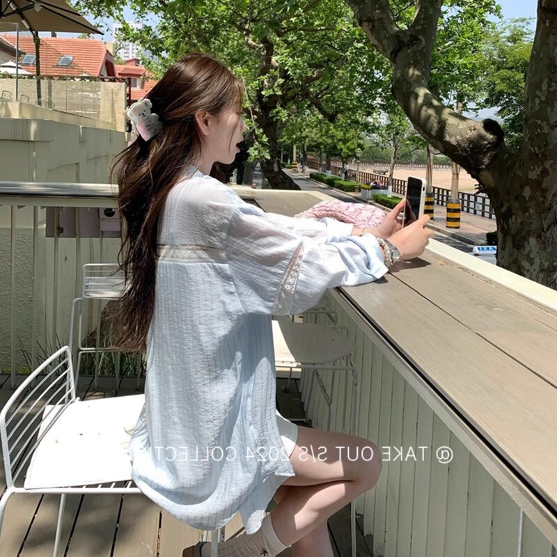 Designed with Hollow Lace Splicing, Sun-Protective Shirt for Women, Summer Thin Style, Lazy and Loose, Blue Striped Shirt Jacket Designed with Hollow Lace Splicing, Sun-Protective Shirt for Women, Summer Thin Style, Lazy and Loose, Blue Striped Shirt Jacket