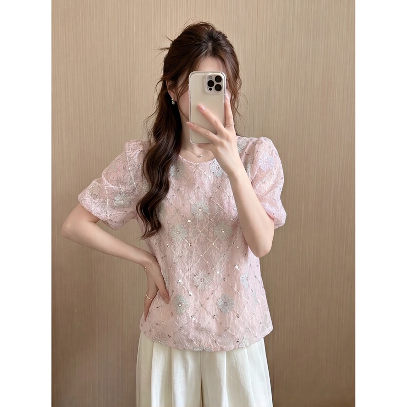 European-Style Heavy-Duty Sequin Embroidered Floral Shirt for Women, Summer Chanel-Style Beautiful Youthful Pink Lace Mesh Top
