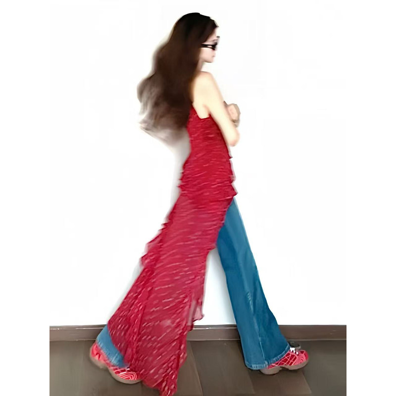 Irregular Ruffled Red Floral Camisole for Women, Summer Layered Mid-Length Sleeveless Sheer Chiffon Cover-Up Dress Irregular Ruffled Red Floral Camisole for Women, Summer Layered Mid-Length Sleeveless Sheer Chiffon Cover-Up Dress