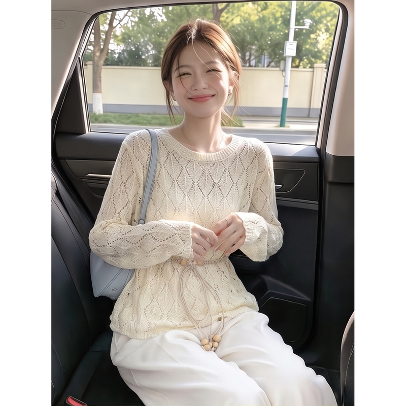 Diamond-Patterned Hollow-Out Mesh Knit Top for Women, Summer Thin Style with Tie Waist, Sun-Protective T-Shirt Cover-Up, Casual Style Top Diamond-Patterned Hollow-Out Mesh Knit Top for Women, Summer Thin Style with Tie Waist, Sun-Protective T-Shirt Cover-Up, Casual Style Top