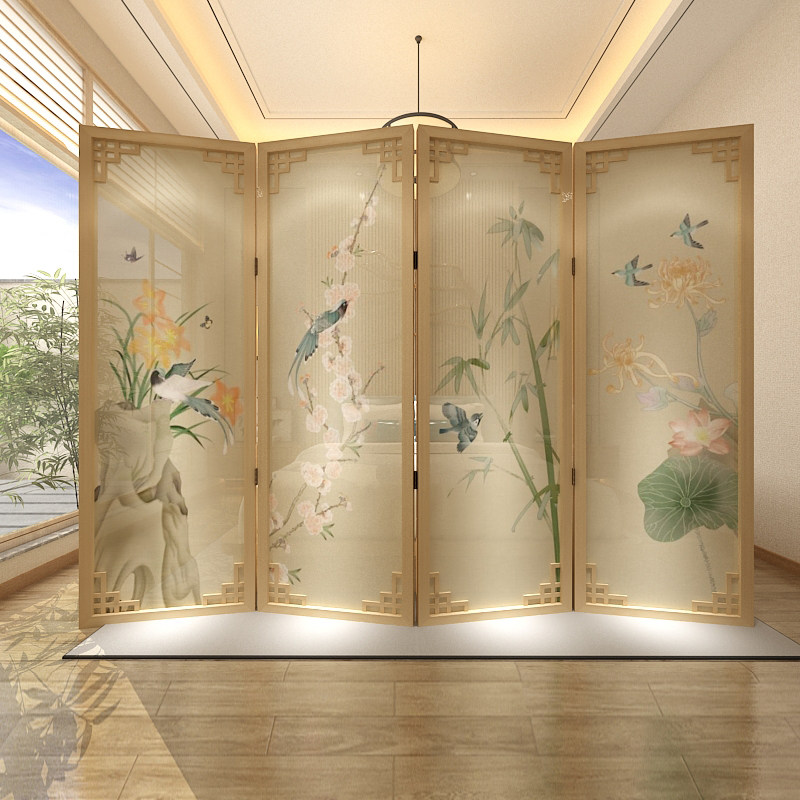 Chinese solid wood hollowed-out folding screen flower bird folding screen Xuanguan into the house to shelter the dining room hotel dining room mobile yarn screen