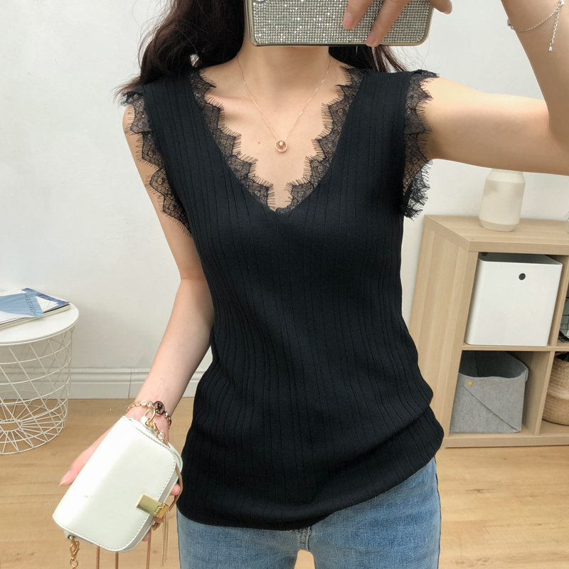 Large size for summer dress new display slim lace V collar sling vest fat younger sister Nehitch elastic knit undershirt blouse