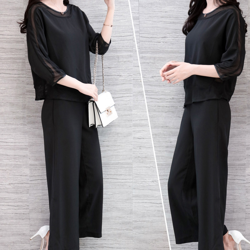 Fat women's autumn suit large number of women's 200 kg seven - point sleeve mesh shirt set is slim two pieces