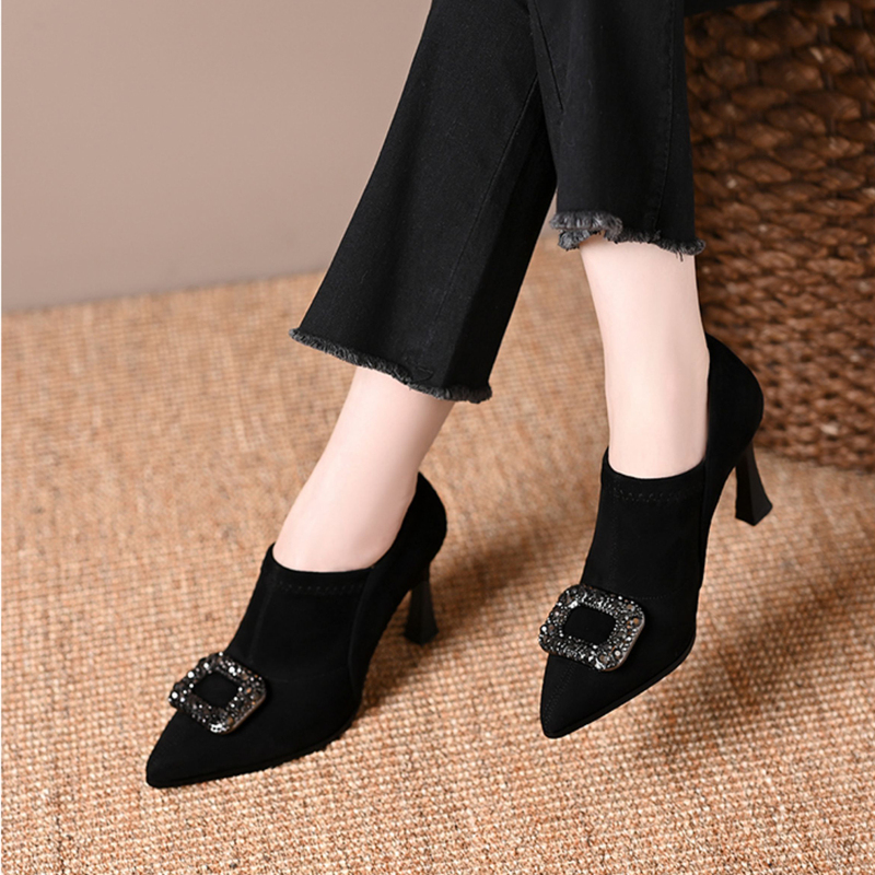 Brand High-Heeled Deep-Cut Women's Short Boots, New Spring and Autumn Style, Diamond Buckle, Black Suede Pointed Toe, Elastic Ankle Boots, Bare Boots