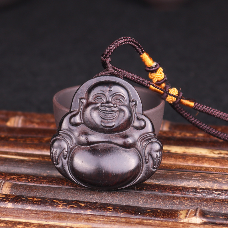 Black sandalwood Ping An Buddha car key buckle pendant Millver Laughing Buddha Atmosphere Wood Carving Accessories Wooden Craft Gift Hem Pendant Pendant