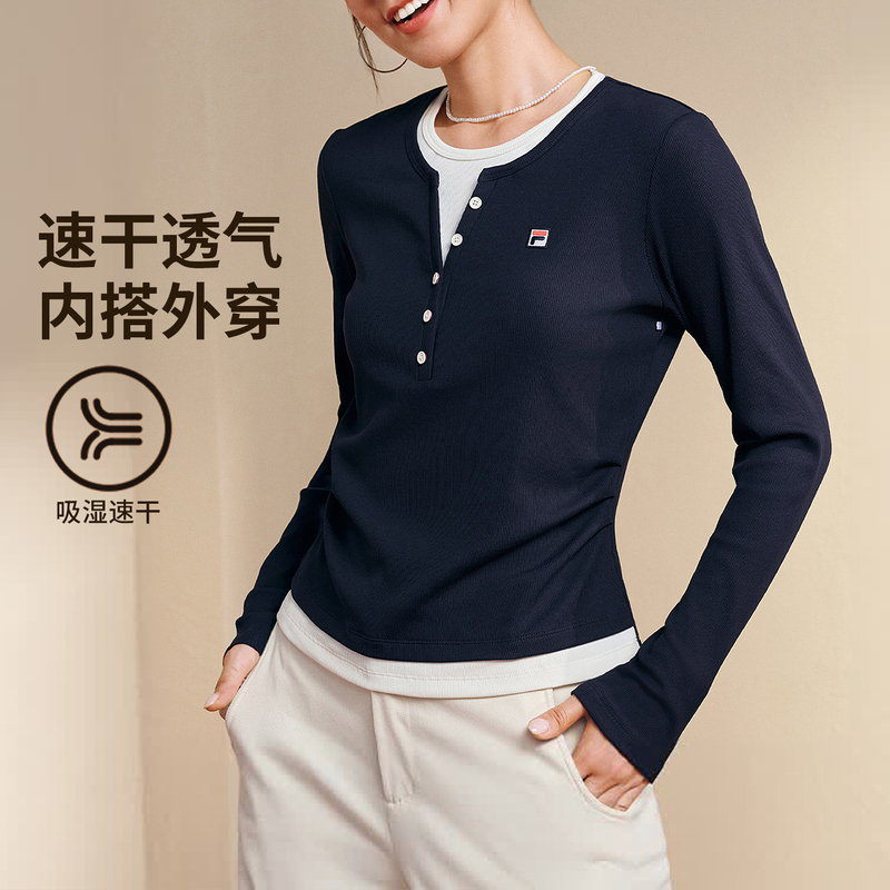 Fila 2026 Autumn and Winter New Women's Knitted Long-Sleeved T-Shirt Henry Fake Two-Piece Top F11W638205 Fila 2026 Autumn and Winter New Women's Knitted Long-Sleeved T-Shirt Henry Fake Two-Piece Top F11W638205