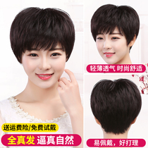 Middle-aged and elderly wigs female short hair real hair real hair silk round face natural lifelike lady mother full wig headgear