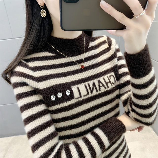 Half turtleneck imitation mink velvet sweater bottoming shirt for women 2023 autumn and winter new style inner slim slim striped top trendy