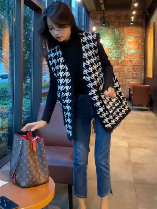 Chanel-Style Vest for Women, Outerwear, Sleeveless Vest, 2025 Autumn and Winter New Fashion, Loose Houndstooth Pattern, Trendy Sleeveless Vest