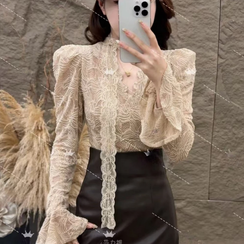 Lace V-Neck Tie-Up Base Shirt for Women, Autumn 2026 New Style, Slim Fit, Unique Design, Long-Sleeve T-Shirt Top