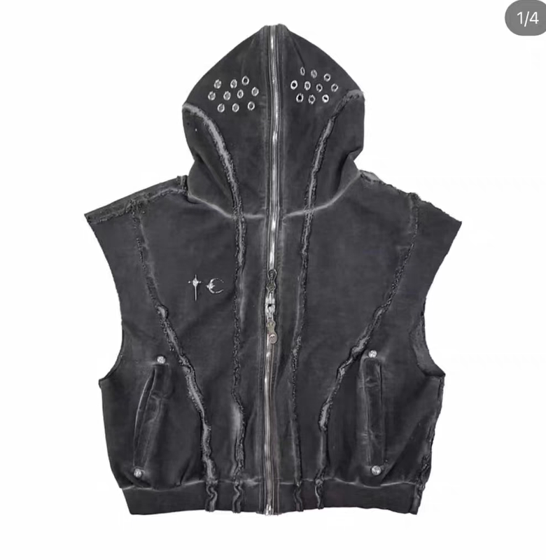 Thug Club 24 Spring/Summer Gray Distressed Frayed Edge Hollow Design Metal Logo Men's Zip-Up Hooded Vest