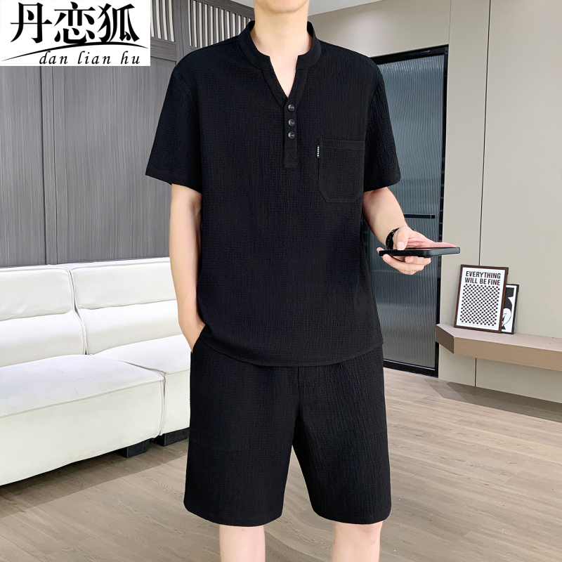 Textured Short-Sleeved Shorts Set for Men, V-Neck T-Shirt, Summer 2026 New Style, Old Money Style, Loose Fit, Matching Set Textured Short-Sleeved Shorts Set for Men, V-Neck T-Shirt, Summer 2026 New Style, Old Money Style, Loose Fit, Matching Set