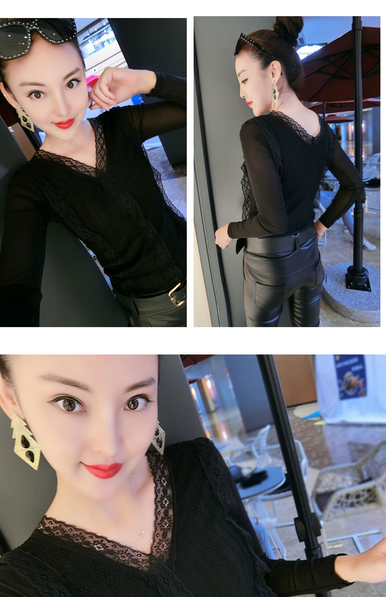 Hàng châu Âu mùa thu mới V-cổ ren áo voan dài tay lưới khâu kích thước lớn áo thun nữ nước ngoài cơ sở áo sơ mi thủy triều áo sơ mi cách điệu