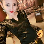 Mùa thu 2019 mới áo sơ mi dài tay nữ cổ chữ V là áo sơ mi nữ mỏng màu khảm hoang dã - Áo sơ mi