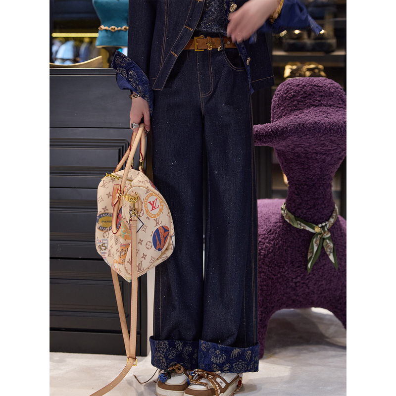 Tuntun Autumn/Winter【Through the Blossoms】Oriental Elegance Gold-Embellished Floral Patchwork Hem Casual Jeans
