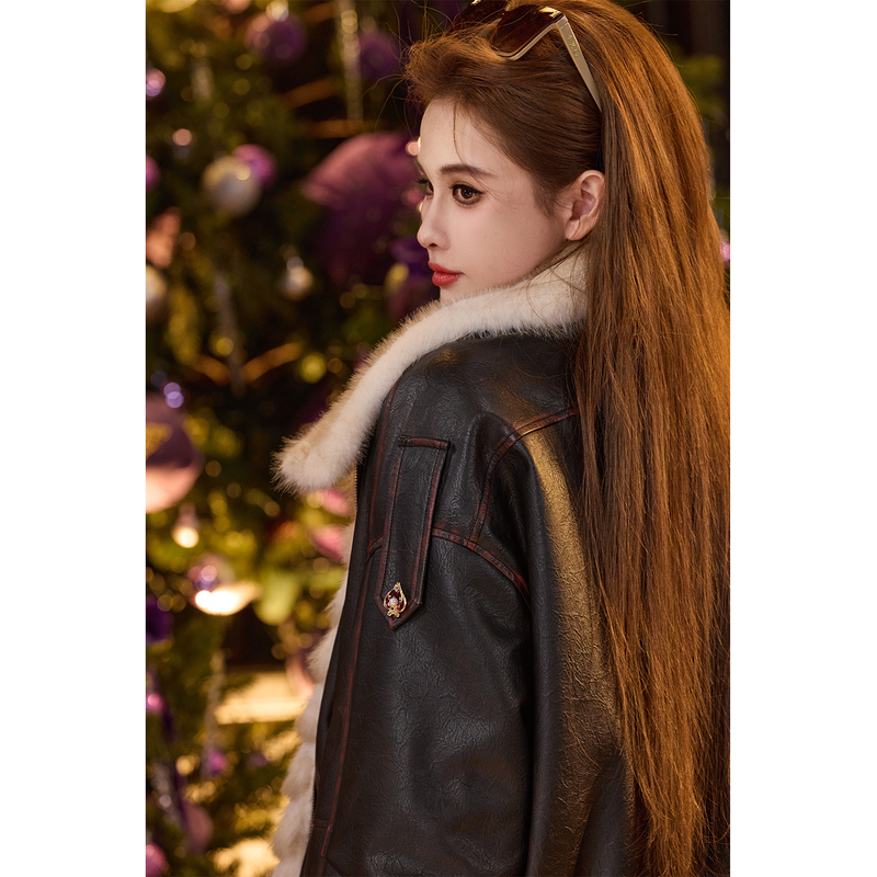 Tuntun Autumn/Winter [Queen of Spades] Double-Sided Reversible Vintage Stand-Up Collar Leather Jacket with Fur Trim