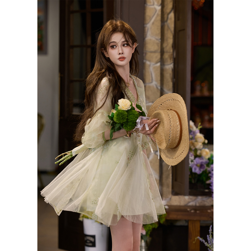 Tuntun Spring/Summer [Ice Crystal Dress] Cool and Ethereal Fairy-Like Heavy-Duty Three-Dimensional Sequin Embroidery V-Neck Dress