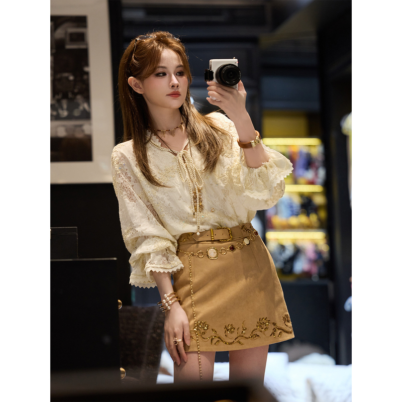 Tuntun Early Autumn [Pearls and Wheat Ears] Gentle and Fairy-Like Light Gold Plant Pattern Tassel Beaded Shirt