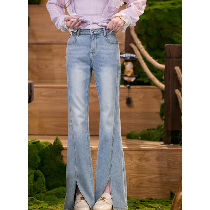 Tuntun Spring/Summer [Leg Beautifier] Leg-Enhancing Charm, Retro Rhinestone Slit Flared Jeans