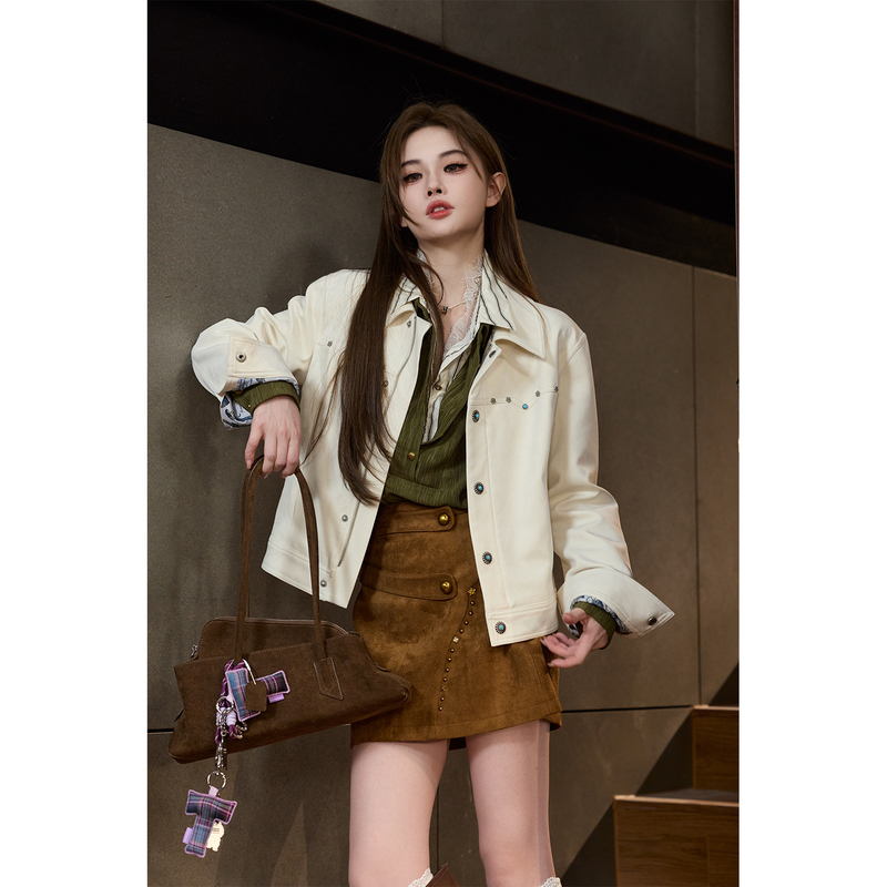 Tunt Autumn/Winter [Suede Player] Blue Turquoise Embellished Wide Vintage Western Short Leather Jacket