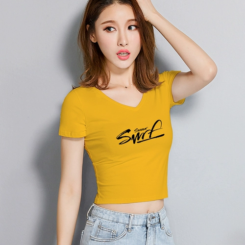 Белая короткая футболка, летняя одежда, короткий рукав, коллекция 2022, в корейском стиле, V-образный вырез, высокая талия