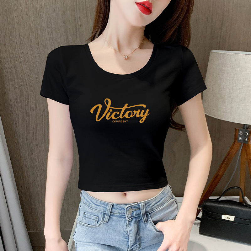 Black Short T-Shirt for Women, Short-Sleeved, Round Neck, Slim Fit, 2026 Summer New Style, Cotton, Slimming, Revealing Navel, Tight-Fitting Top
