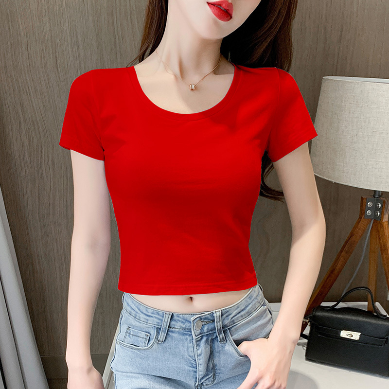 Red Short T-Shirt for Women, Short-Sleeved Cotton Top, Slim Fit, Revealing the Navel, Regular Shoulder, Women's Clothing, 2026 Summer New Style