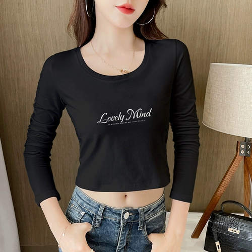 Черный приятный телу осенний короткий хлопковый лонгслив, круглый воротник, 2022, в западном стиле