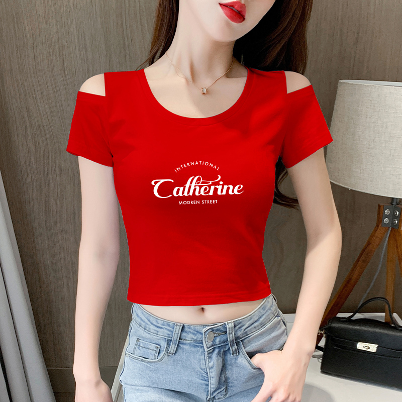 Red Short-Sleeved T-Shirt for Women, Round Neck, Short Style, Off-Shoulder, Slim Fit, Cotton, 2026 Summer New Style, High-Waisted, Navel-Baring Top