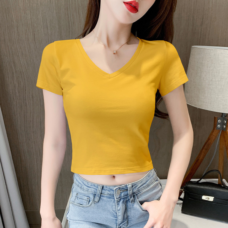 Yellow Short-Sleeved T-Shirt for Women, Cropped Top, High-Waisted, Slim Fit, Petite Size, 2026 Summer New Style, Regular Shoulder T-Shirt