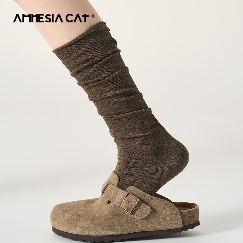 Melard Coffee-Colored Slouch Socks for Women, Long Socks for Spring and Summer, Thin Mid-Calf Socks, Vintage Brown Pure Cotton Calf Socks